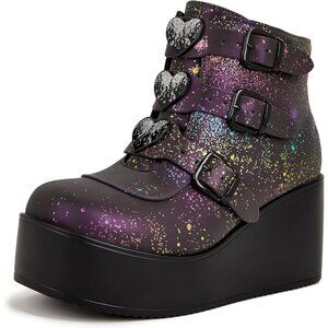 Women Navy Reflec Polyurethane Rave Buckle Thick Sole Platform Ankle Boots